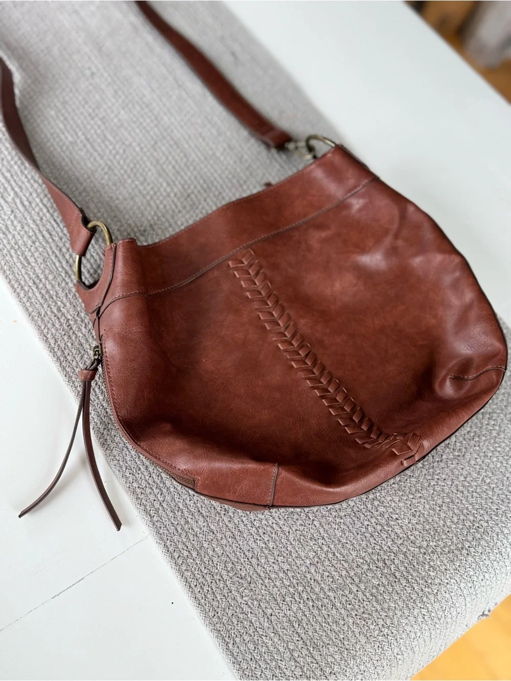 Vintage Cognac Brown Braided Vegan Leather Brass Rings Satchel Hobo Bag Purse